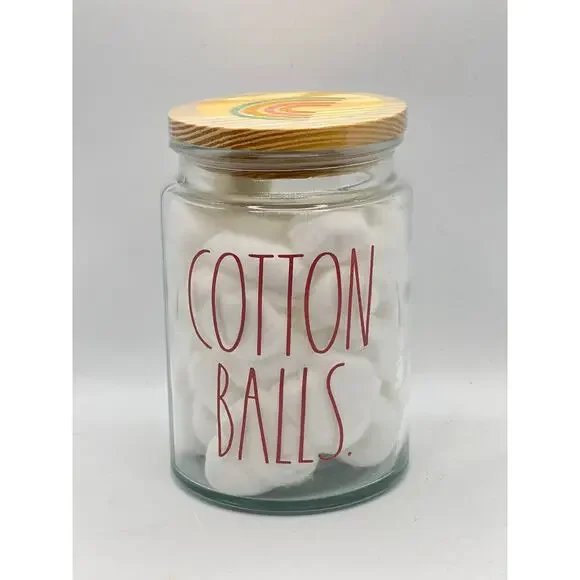 RAE DUNN COTTON BALLS Glass Jar Pink Writing NWT