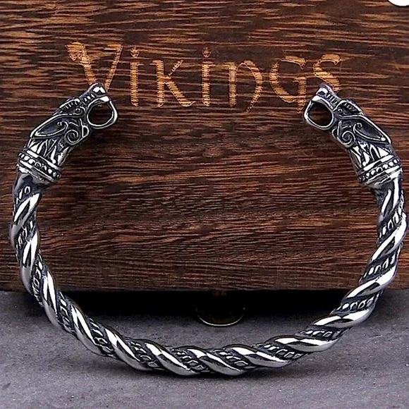 STERLING SILVER VIKING WOLF BRACELET SILVER ARM BAND CUFF BANGLE