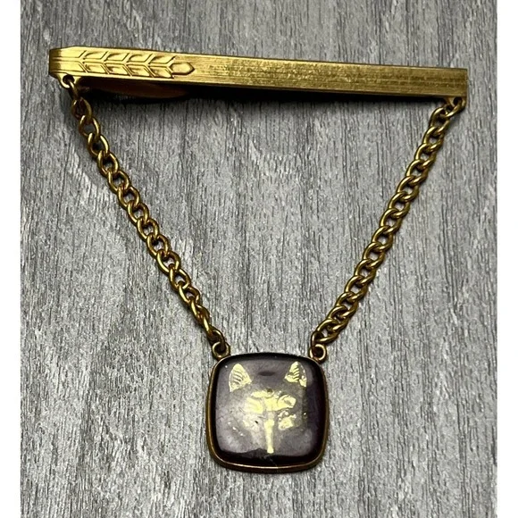 Vintage Hickok Gold Tone Tie Clasp Chain Bar Wolf Head Enamel Men's Jewelry