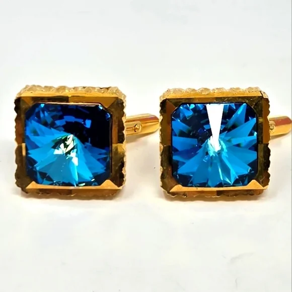 VINTAGE 1960S GOLD TONE BLUE RIVOLI CUFFLINKS MENSWEAR CLASSIC 1