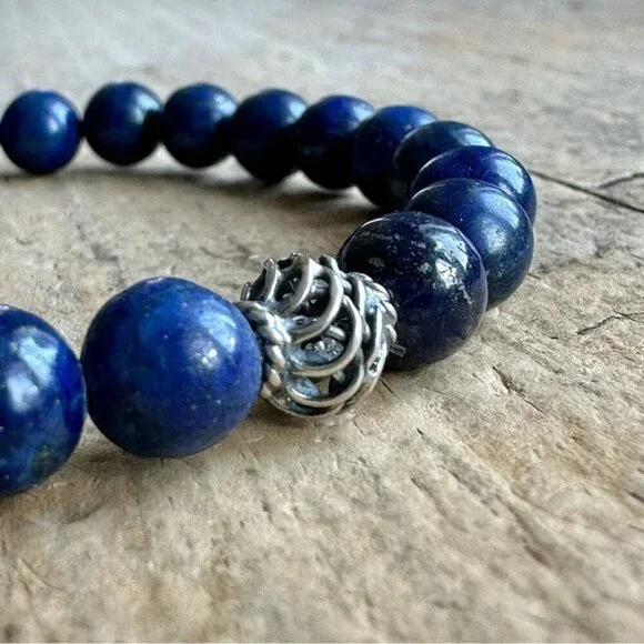 Lapis Lazuli Gemstone Bracelet Sterling Silver Accent Bead Unisex - 8mm Beads