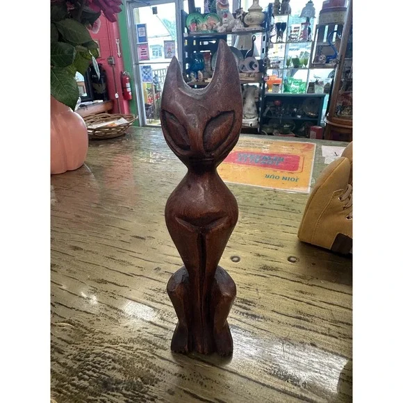 Vintage Wooden Cat Statue