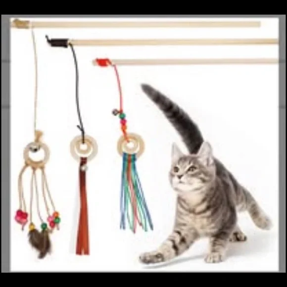 Wooden Cat Wand Teaser Toys, 3 pack