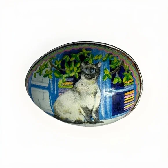 Vintage Cat Tin Egg Trinket Box – Siamese Cat Illustration, Rustic Cottage Decor