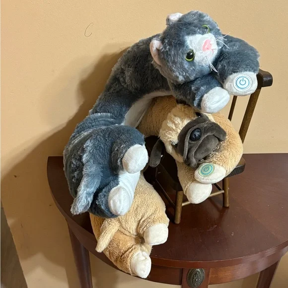 2 Gray & Tan Plush Cat and Pug Pair Neck Massagers Both Works!