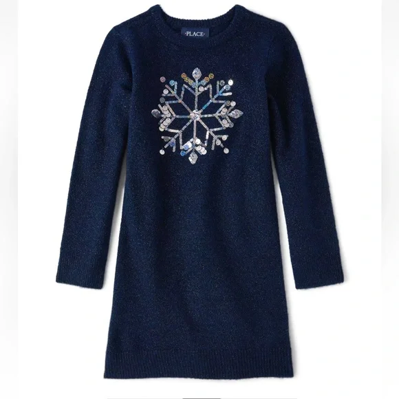 The Children’s Place Girls Sequin Snowflake Sweater Dress Blue NWT Size 14