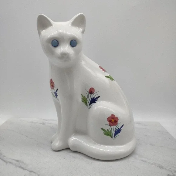 Cat Al Cobaca Portugal White Ceramic Painted Spring Flowers Blue Jewel Eyes Cat