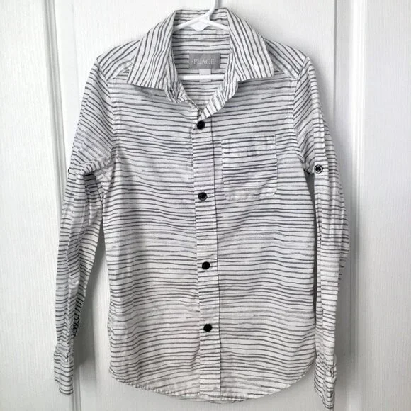 The Children's Place Button Down Shirt Boys Size S 5/6 White Gray Stripes