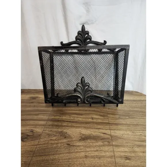 Vintage Black Hanging Wall Basket Storage Wrought Iron (?) Hooks Entry Way...