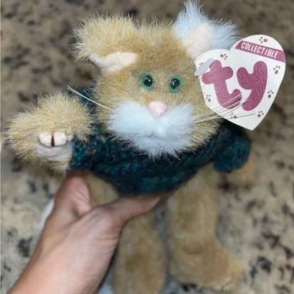 TY Attic Treasures POUNCER The Tan and White Articulated Plush Cat 9”