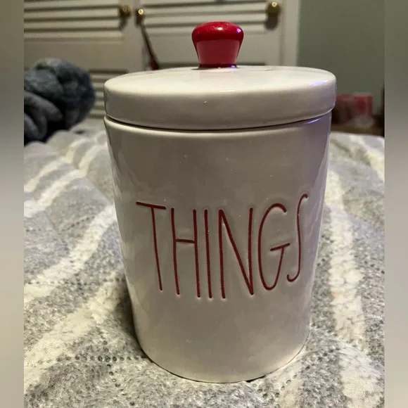 NWOT Rae Dunn Ivory Red Print THINGS Lidded Ceramic Canister