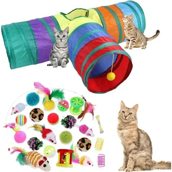32Pcs Cat Toys Kitten Interactive Pet Toys Assortments, Foldable Rainbow