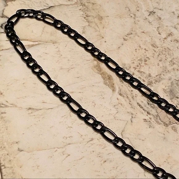 Men's Black Enamel Figaro Necklace Stainless Steel Chain! NEW 24