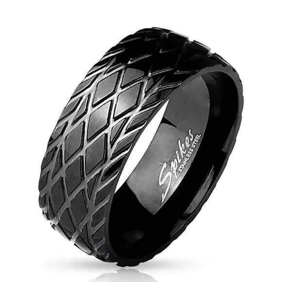 Diamond Cut Grooved Dome Black IP Stainless Steel Ring