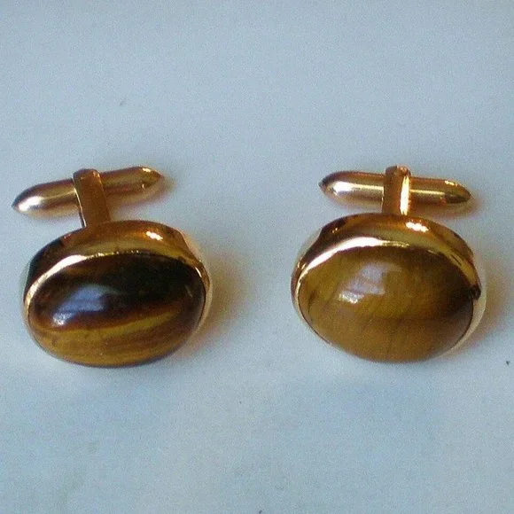 Vintage Solid 10K Yellow Gold Tiger Eye Men's Men Cufflinks Original Box 18.7 g.