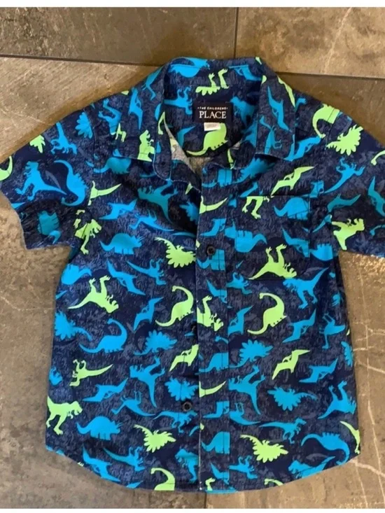 The Children's Place Navy Button-Down Shirt with Blue & Neon Green Dinosaurs 3T