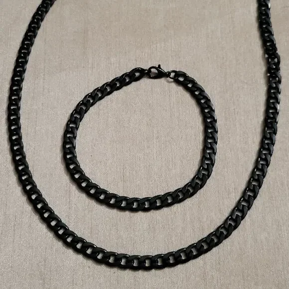 Men's black chunky cuban chain necklace and bracelet set