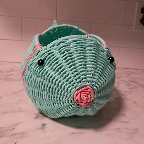 Handwoven Aqua Basket with Pink Accents