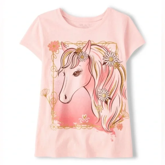 NEW - The Children’s Place Girls Horse Graphic Tee - Petal. Large (10/12)