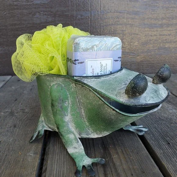 Distressed Green Metal Frog Bath Storage / Planter, Home Decor