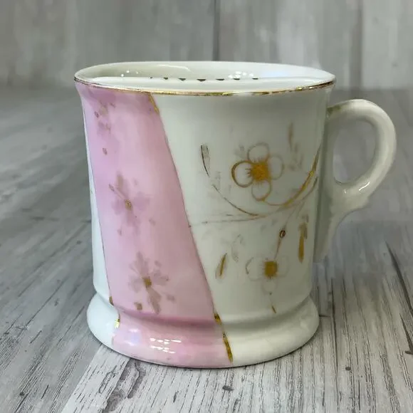 Vintage White Pink Floral Accent Gold Trim Shaving Mug Cup Decor