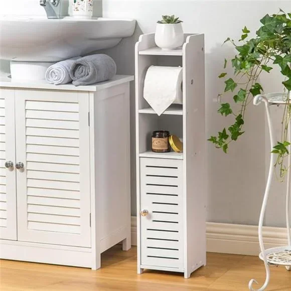 Toilet Paper Holder Stand, Storage Cabinet with Toilet Roll Holder, White