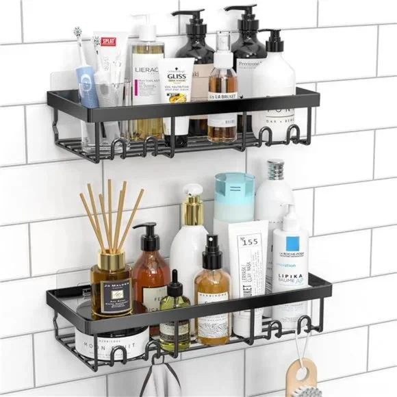 Shelf Organizer Rack, Self Adhesive Black Bathroom Shelves, Black