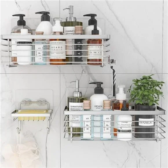 Shower Organizer with Hooks Stainless Steel Rustproof Adhesive Chrome, Silver