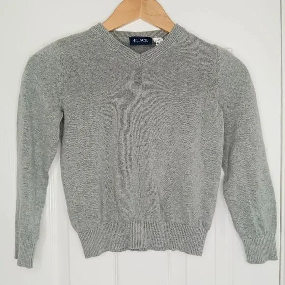 THE CHILDREN’S PLACE Boys Gray V-Neck Cotton Sweater Size 5/6 Classic Cozy