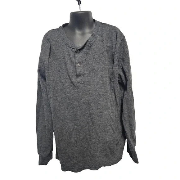 The Children's Place Boys L 10/12 Henley Thermal Long Sleeve Waffle Knit Gray