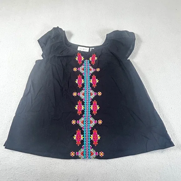 Kids The Children's‎ Place Black Embroidered Flutter Sleeve Top Size 7/8