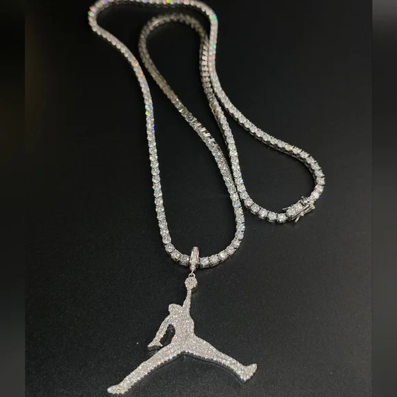 24' 3mm Moissanite Tennis Chain with Jordan Pendant , S925 Rhodium Plated.