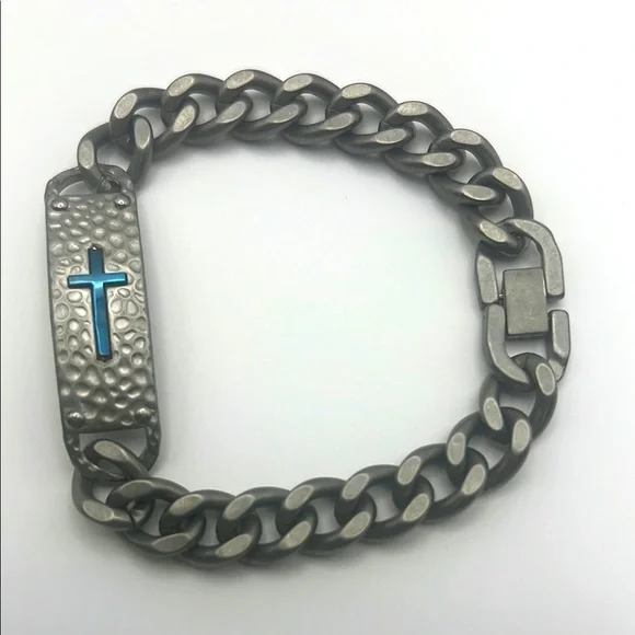 NEW Blackjack, Men's Stainless Steel Silver Bracelet with Blue Cross