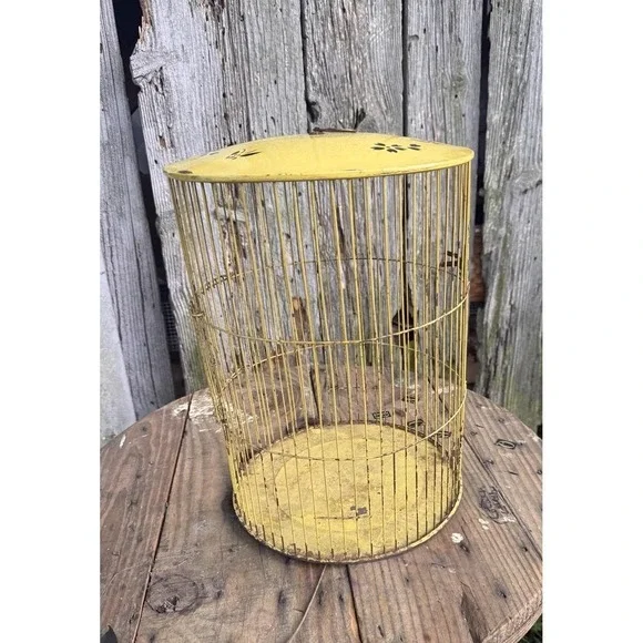 Vintage Round Yellow Metal Bird Cage Hanging/Table 14x11 Cottage Granny