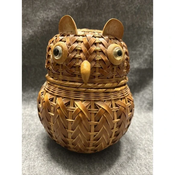 Vintage Mid Century Woven Wood Wicker OWL Lidded‎ Basket Storage Trinket Box 8