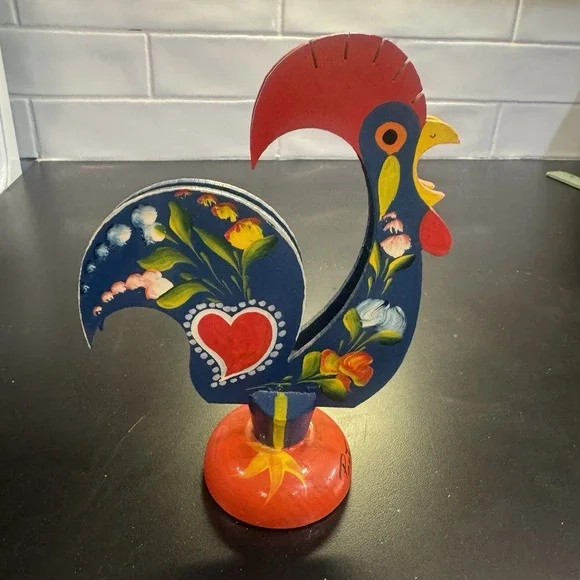 Portugal Painted Folk Art Wooden Rooster Letter Holder Wood Bird Portuguese 7.5
