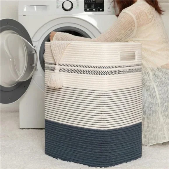 Large Woven Rope Tall Laundry Basket with Handles Dark Blue& White