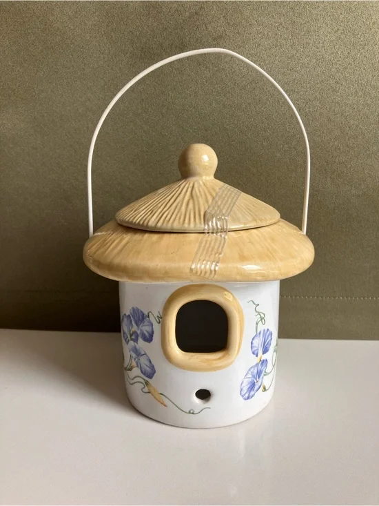 Ceramic Birdhouse with Yellow Roof and Blue Floral Design