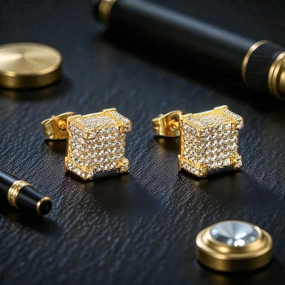 14K Mens Micropave Square Earrings