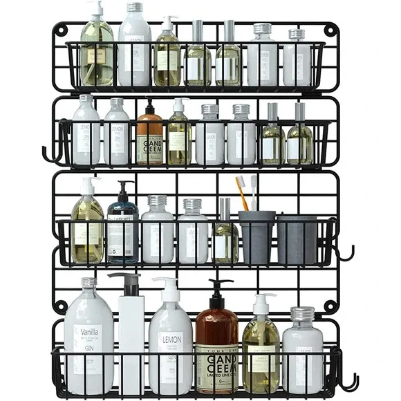 Shower Caddy Shelf Rack | 4-Tier Storage Organizer with Hooks | No Drilling