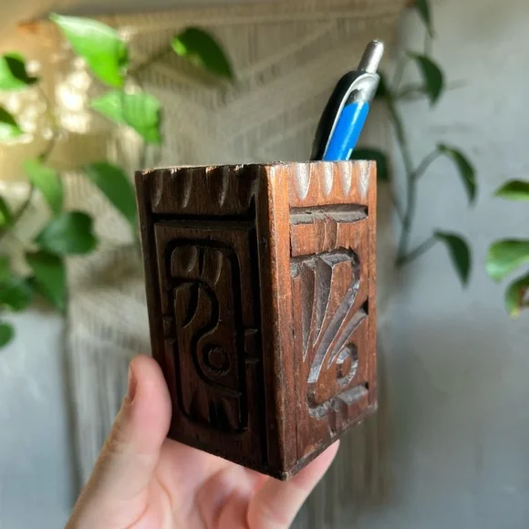 Vintage Hand-Carved Wooden Pen Holder | Boho Rustic Desk Organizer Artisan Wood
