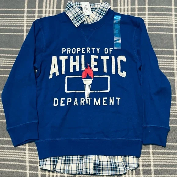 The Children’s Place Layered Blue Sweatshirt with Attached Plaid Collar Shirt