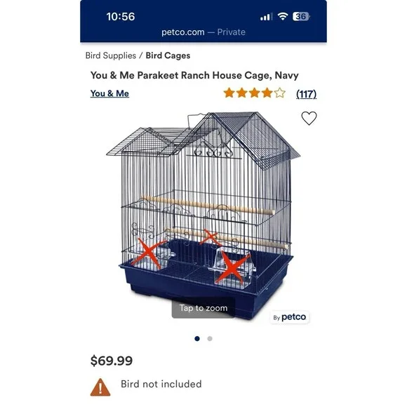 You & Me Parakeet Ranch House Bird Cage, Navy With Wooden Rod And Pullout Tray