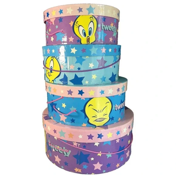 4 Vintage Tweety bird hat box bright and colorful used, good condition Stackable