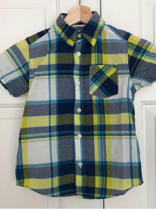 The Children’s Place Boys Plaid Button Front Shirt Size 4 Blue Green Yellow