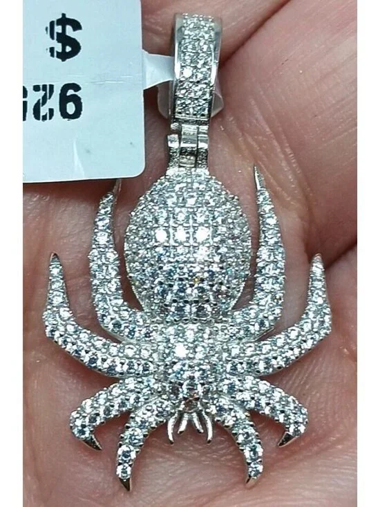 Spider Shaped Pendant Sparkling CZ Stones 925 Sterling Silver Unique Design #G8
