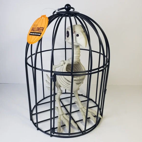 Halloween Decoration Skeleton Bird in a Cage 9 Inches Tall NWT