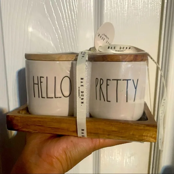 BNWT Rae Dunn HELLO. PRETTY. 2 ceramic canister jars, wooden lids & wooden tray