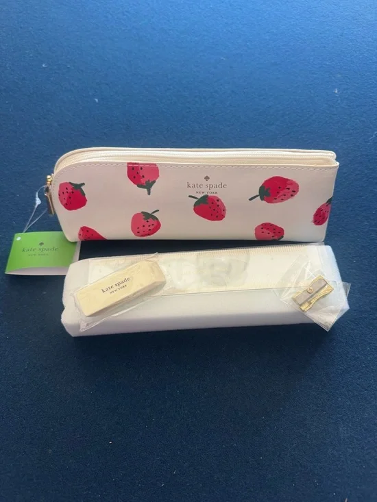 kate spade White Strawberry Print Pencil case/case w/eraser, ruler& sharpener🍓