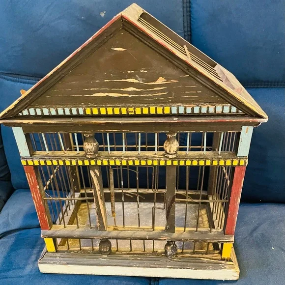 Birdcage-vintage-shabby chic-wood & metal-multicolor-hand painted-sm bird-cactus